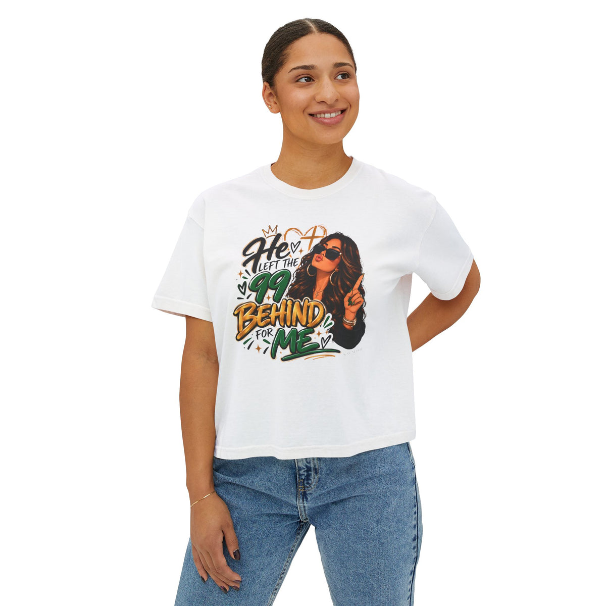 He Left The 99 Behind For Me Sunkissed | Women's Boxy Tee | Luke 15:4