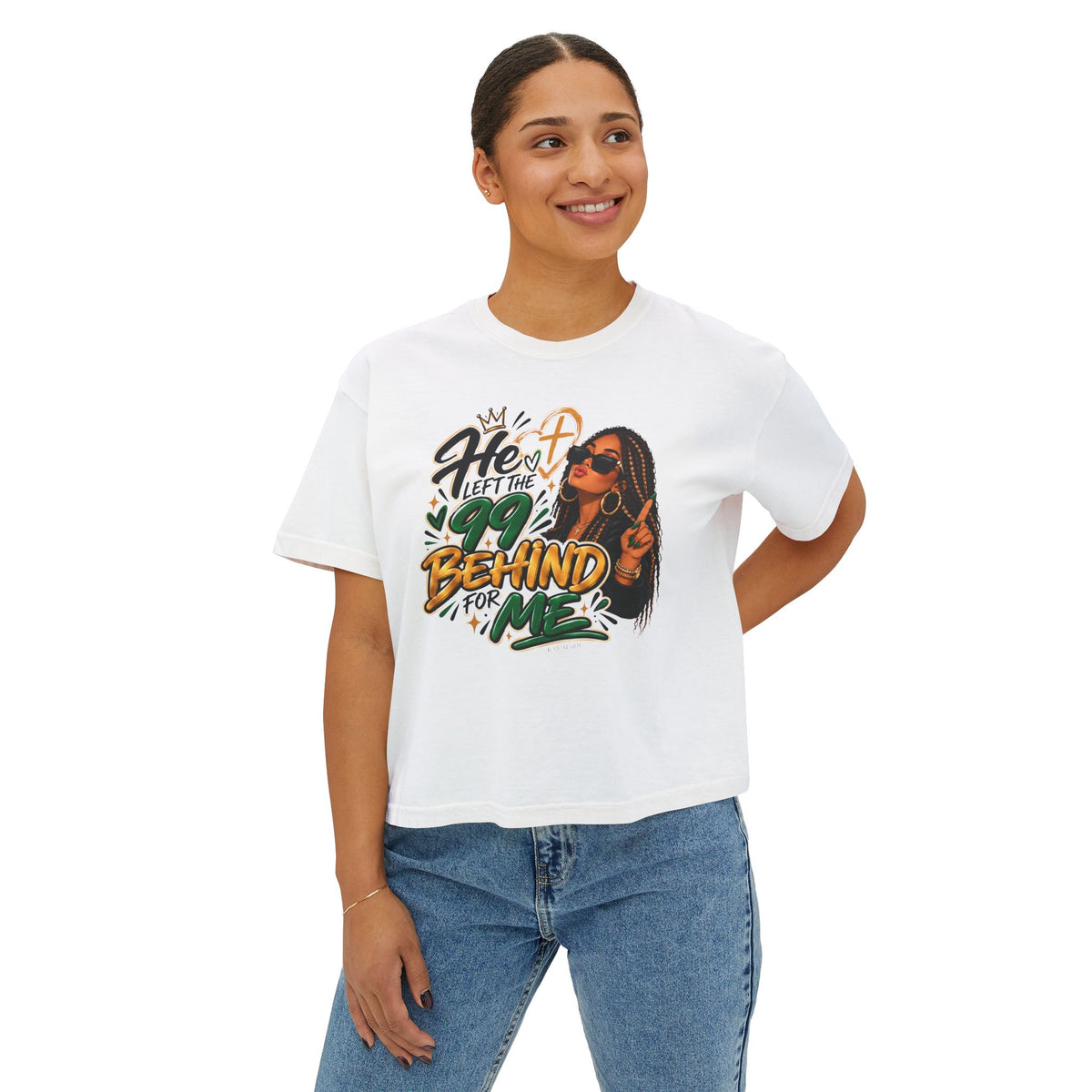 He Left The 99 Behind For Me Tan| Women's Boxy Tee | Luke 15:4