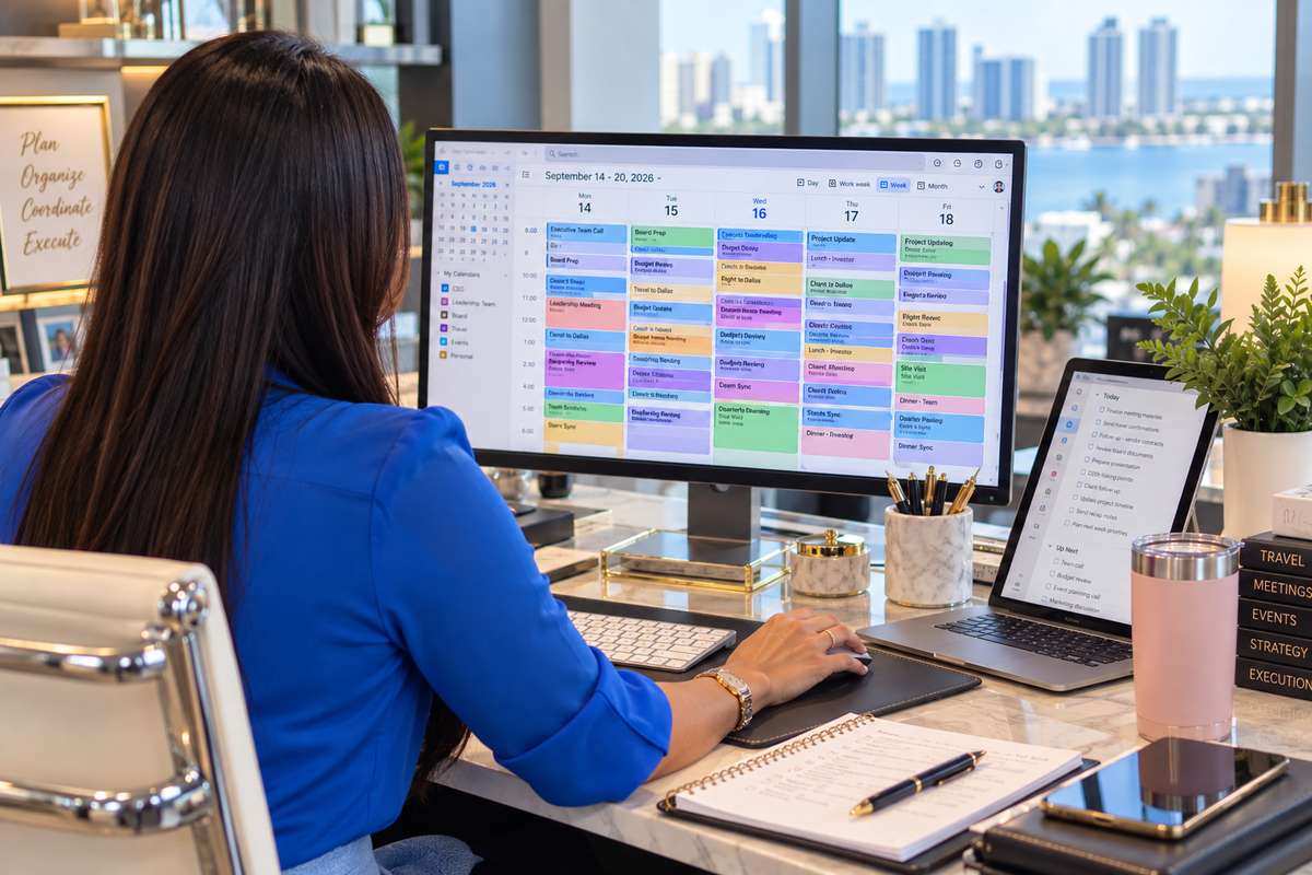Executive Assistant, Katherine Lopez seated at desk in office managing a C-Suite's calendar. Working diligently to protect executive's time. 
